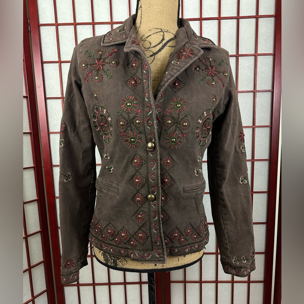 Vintage Brown Grunge Embroidered Unique Funky Embellishmed Button Denim Jacket